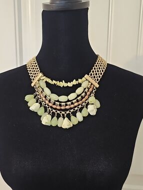 Chicos Gold Chain Statement Necklace with Pale Green Beads